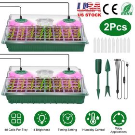 2Pcs 40 Cells Seed Starter Tray Plant Grow Light with 4 Adjustable Brightness Automatic Timing Setting Humidity Dome Plant Germination Garden(No shipm